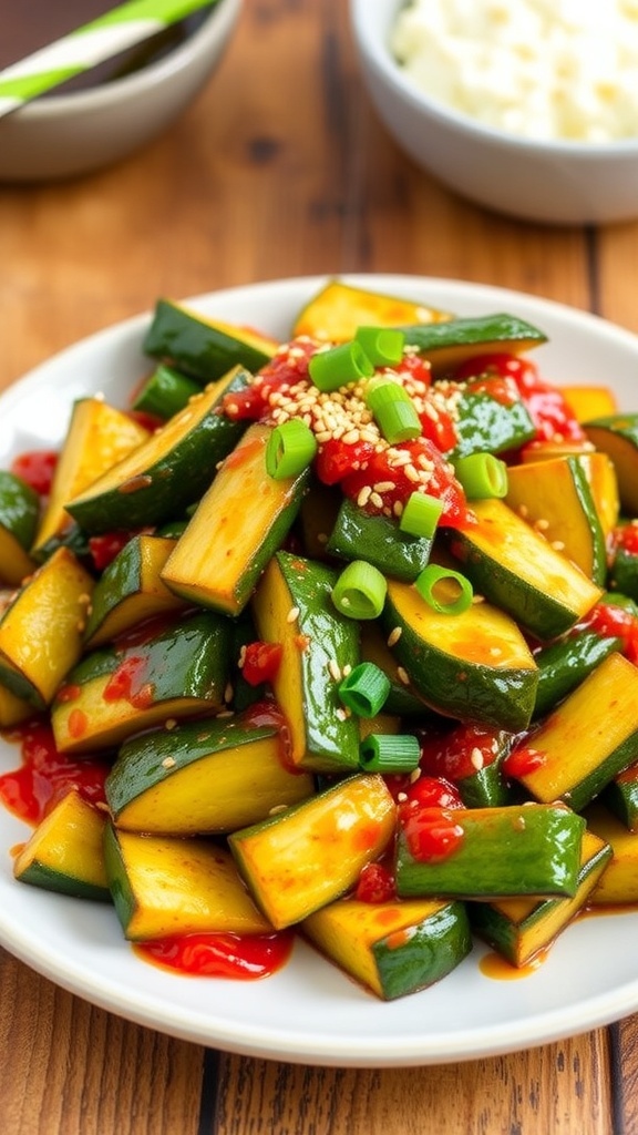 A plate of spicy Korean zucchini stir-fry with sesame seeds and green onions on a rustic table.